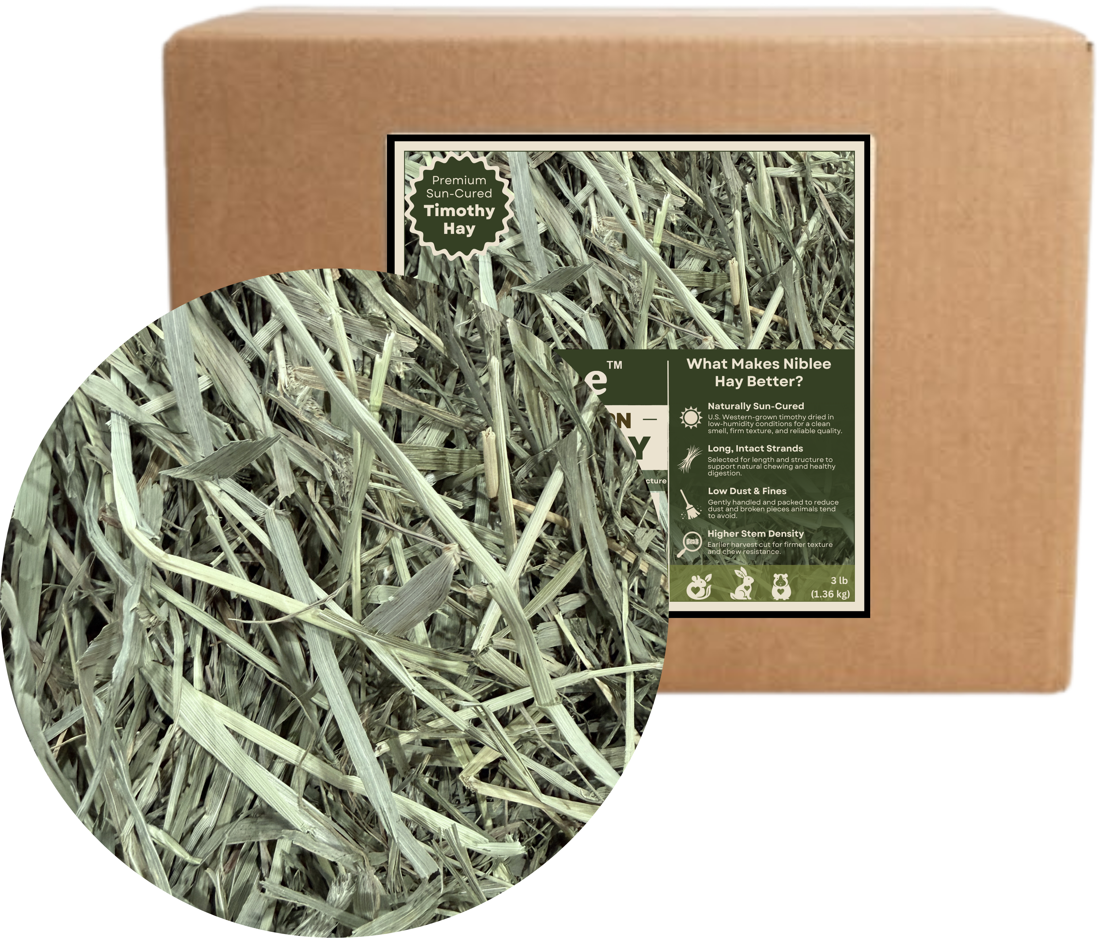3 lb. box of West Coast High Quality 1st Cut Timothy Hay