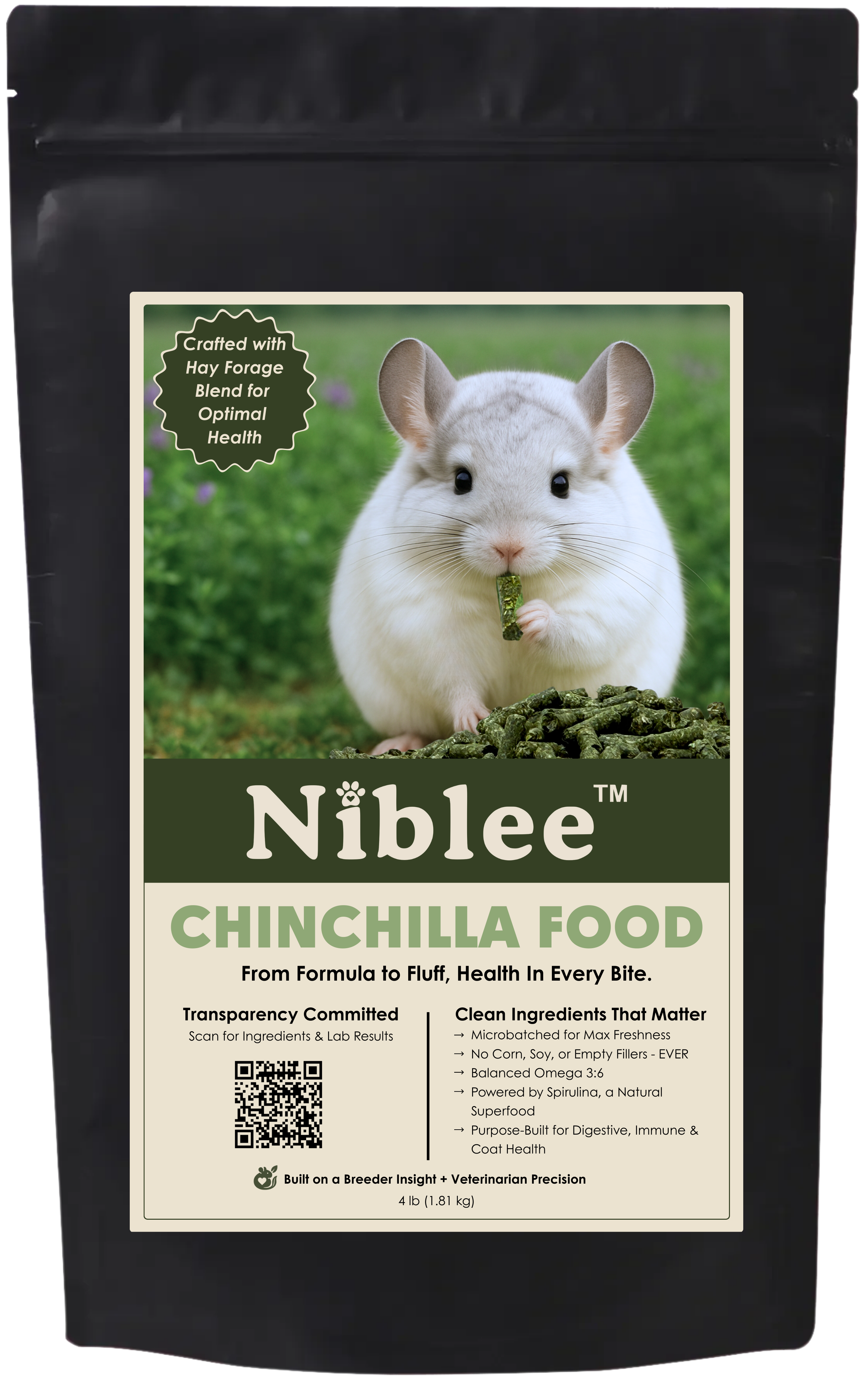 Niblee Chinchilla Food 4 pound bag featuring Sterling the chinchilla. Built on 81 percent forage and fiber with unique 4-hay blend, spirulina, prebiotics, probiotics, and postbiotics. Only small animal feed publishing third-party lab results per batch.
