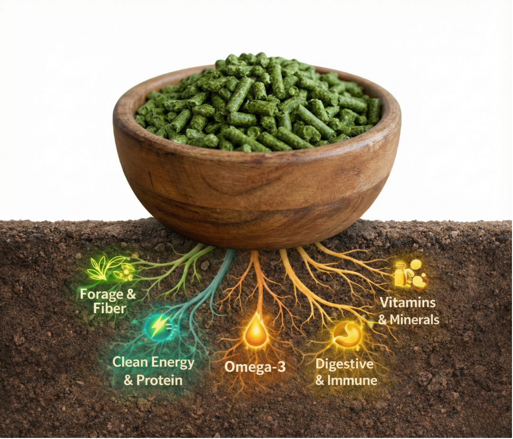 Niblee five nutritional pillars infographic. Over 80 percent Forage and Fiber Structure, approximately 9 percent Clean Energy and Protein, 4 percent Omega-3 and Coat Support, 4 percent Digestive and Immune Support, 1 percent Vitamins and Minerals, depending on species. Built around biological function, not convenience.