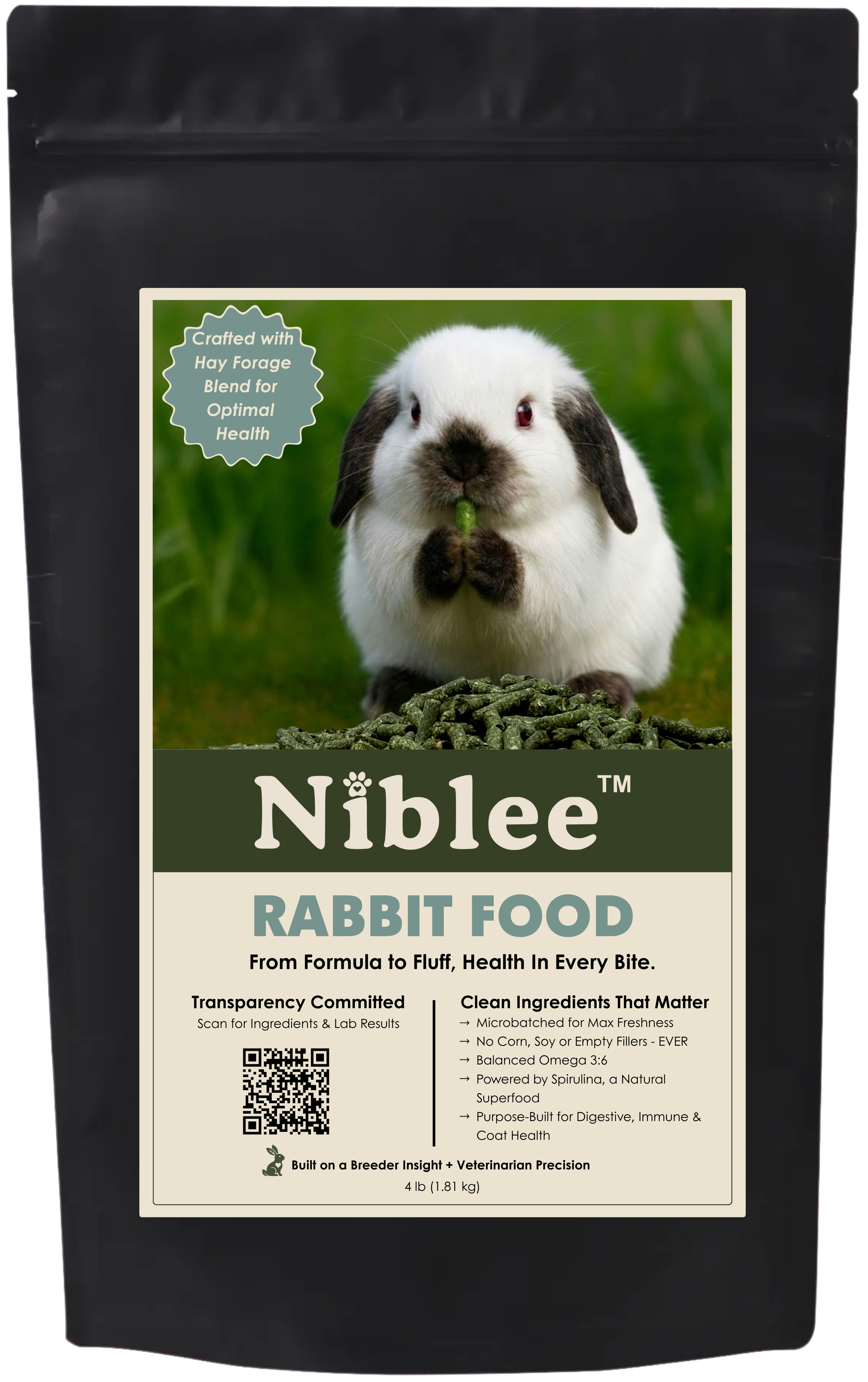 Niblee Rabbit Food 4 pound bag featuring Fletcher the Holland Lop. Built on 85 percent forage and fiber with unique 4-hay blend, spirulina, prebiotics, probiotics, and postbiotics. Only small animal feed publishing third-party lab results per batch.