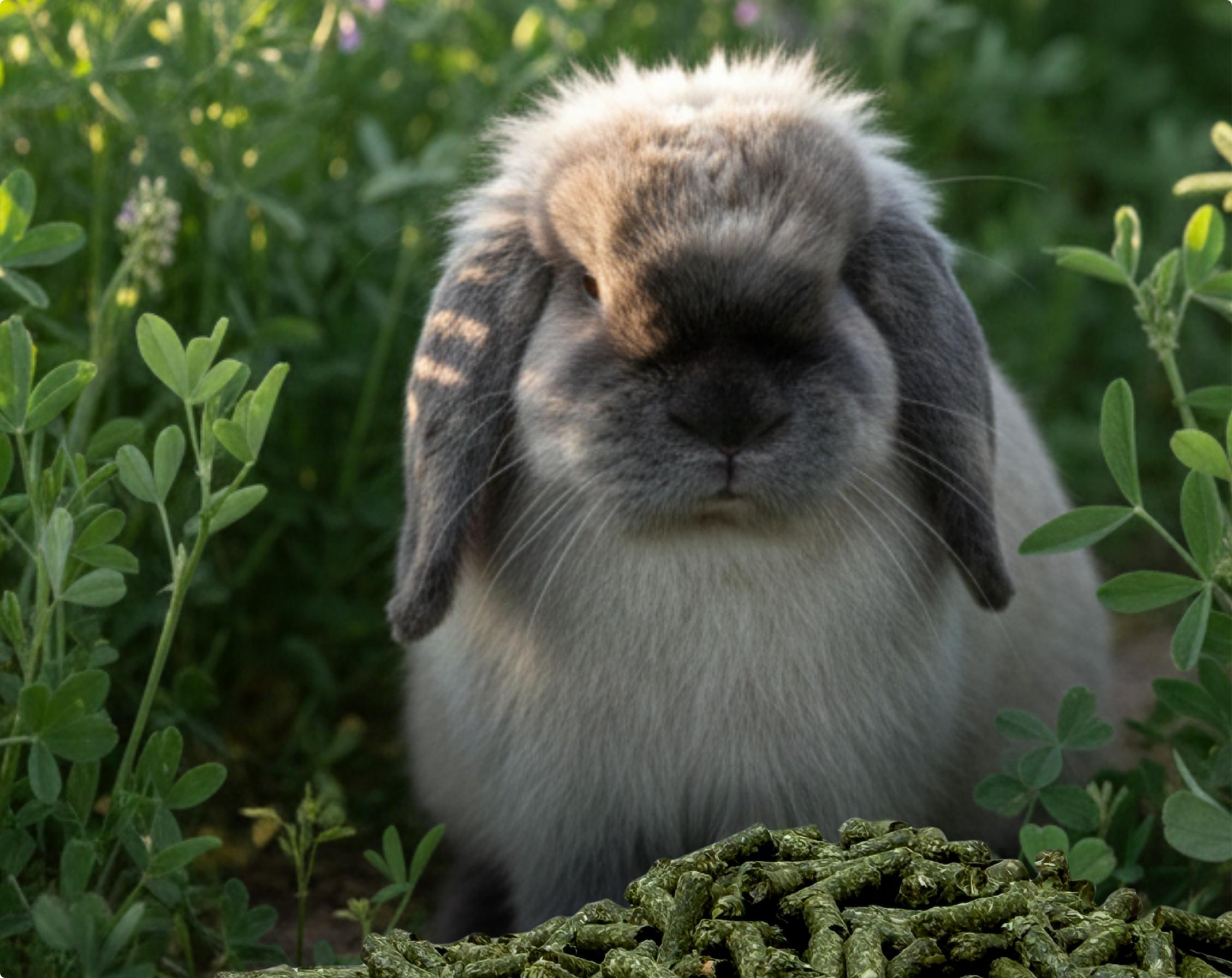 Niblee rabbit food collection featuring Fletcher the Holland Lop character with fresh green feed pellets in a natural alfalfa setting. Biologically appropriate feed formulated for rabbit cecal fermentation and dental health.