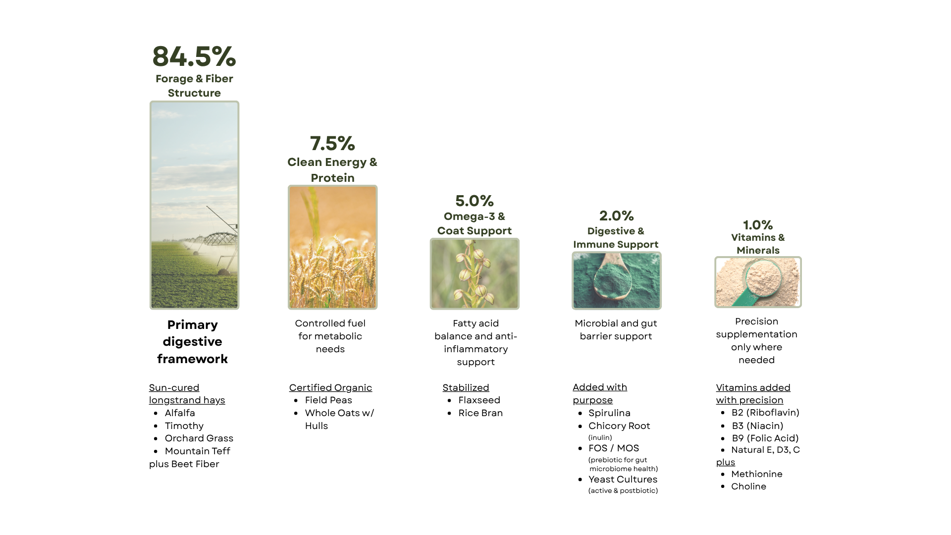 Niblee Guinea Pig formula breakdown showing five nutritional pillars: 84.5% Forage and Fiber from sun-cured Timothy, Alfalfa, Orchard Grass, Mountain Teff plus Beet Fiber. 7.5% Clean Energy from Organic Field Peas and Whole Oats with Hulls. 5.0% Omega-3 and Coat Support from Stabilized Flaxseed and Rice Bran. 2.0% Digestive and Immune Support from Spirulina, Chicory Root, FOS/MOS, Yeast Cultures. 1.0% precision Vitamins including functional Vitamin C, B2, B3, B9, E, D3, Methionine, Choline.